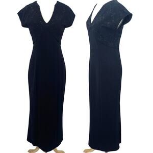 Vintage 90s Beaded Bodice Maxi Dress Knit Fitted Column Gown Empire Waist Black